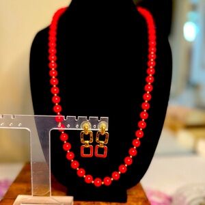 Monet Red Beaded Necklace and Earring Set